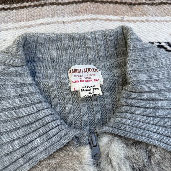 Women's Vintage 80's Rabbit Fur Skin Acrylic Gray Zip Up Ribbed Sweater Sz Large - Picture 3 of 8